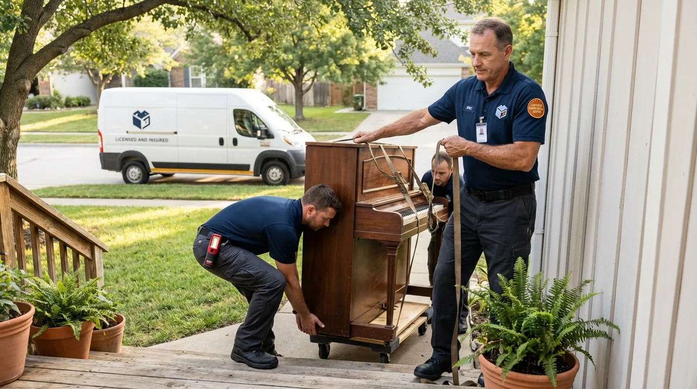 Licensed piano movers securing grand piano in Wymore, NE