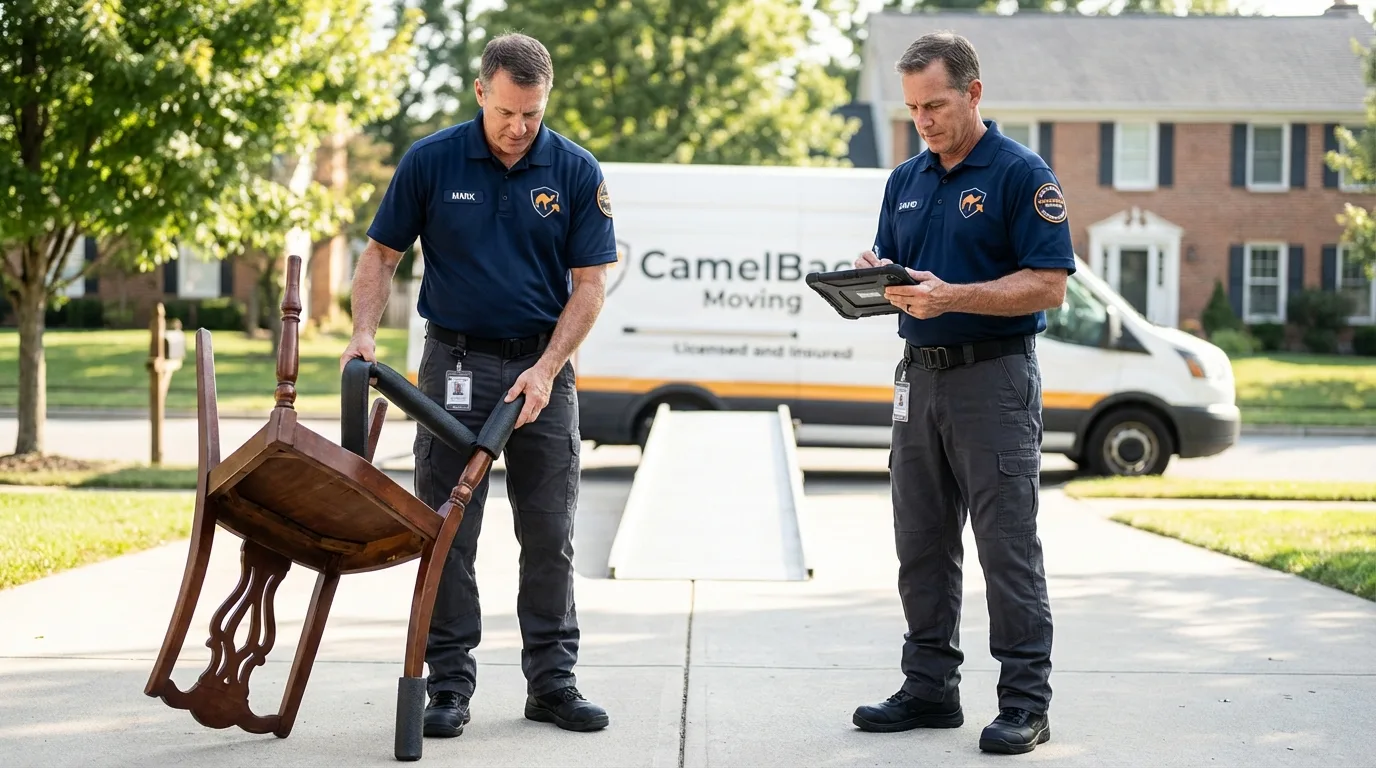 Movers inspecting furniture for damage prevention before loading in Wymore, NE