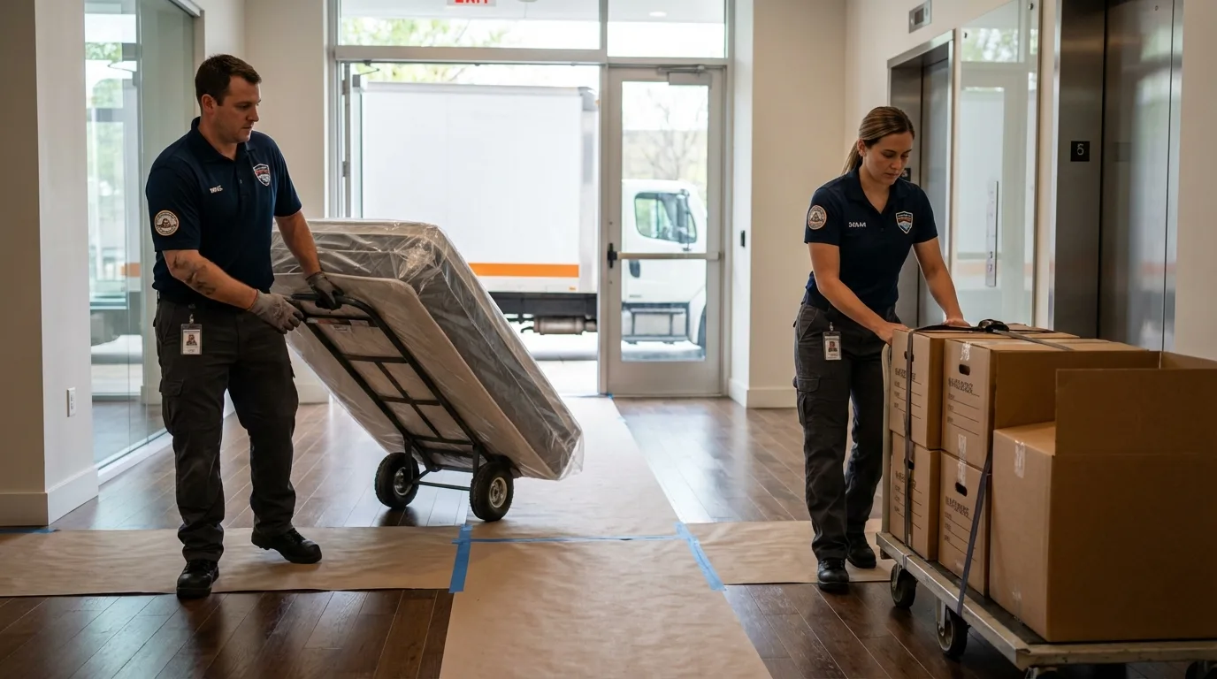 Professional apartment movers loading elevator in Wymore, NE