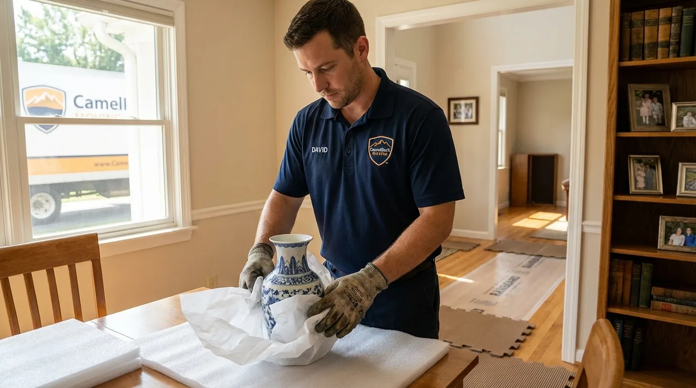 Professional crew carefully wrapping antique vase for senior downsizing move in Wymore, NE