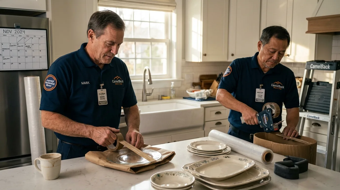 Professional crew packing kitchen dishware in Wymore, NE